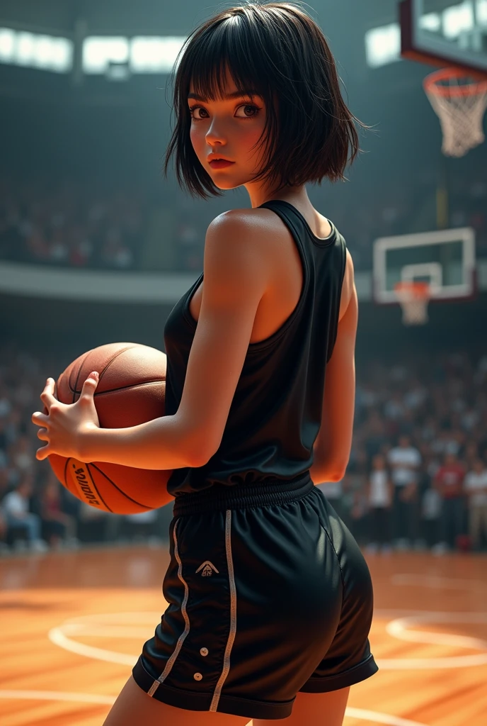 Number 14、The uniform is stylish black.、A lively girl、Short Hair、Sweat、energy、cool、Real、4K、Dashing、Back view shooting scene、(Highest quality,8k,High resolution,Masseter muscle area:1.2),Very detailed,Realistic:1.37,Portraiture,Dynamic Angle,(Female Basketball Player) ,Teenage Girl,Small Head,cute,sporty,Attractive face,Detailed beauty face,非常にRealな肌,Wet Skin,Tight waist,Beautiful legs ,sporty,Basketball venue ,Cinema Lighting,