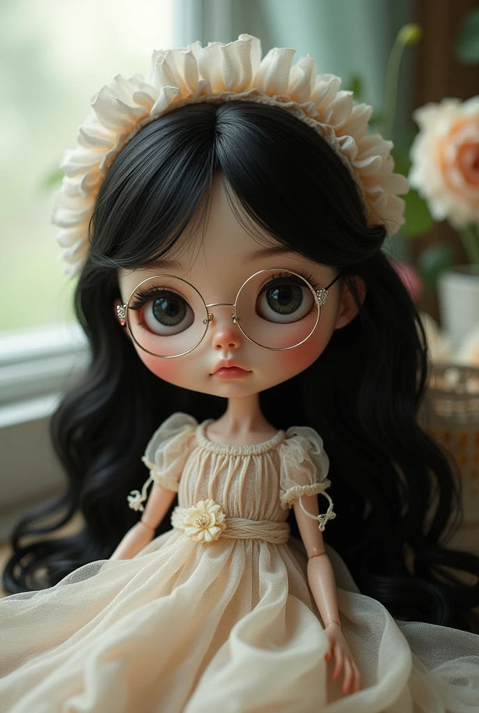 a blythe doll with long wavy black hair and side bangs with black eyes and glasses and a mole on the nose