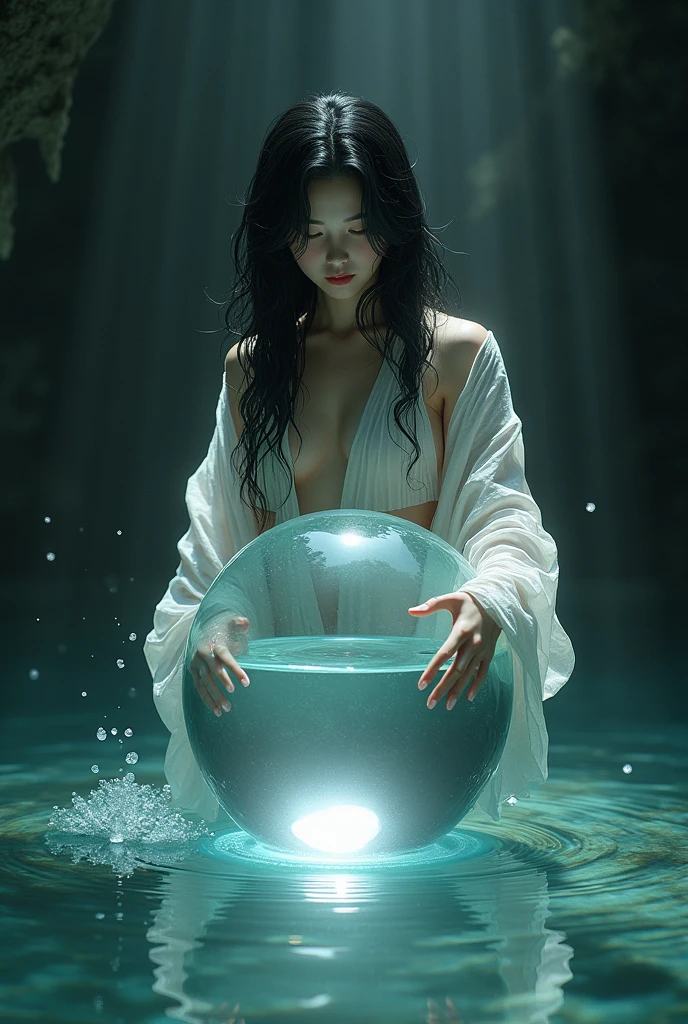 A woman wearing a yukata, Females are wet, The upper half of a woman's body is reflected in a sphere made of flowing water., The sphere emerges from the water and floats., The background and the woman blend together., The background is a dimly lit cave., black hair, reflection light, best quality, super detail, masterpiece, high details