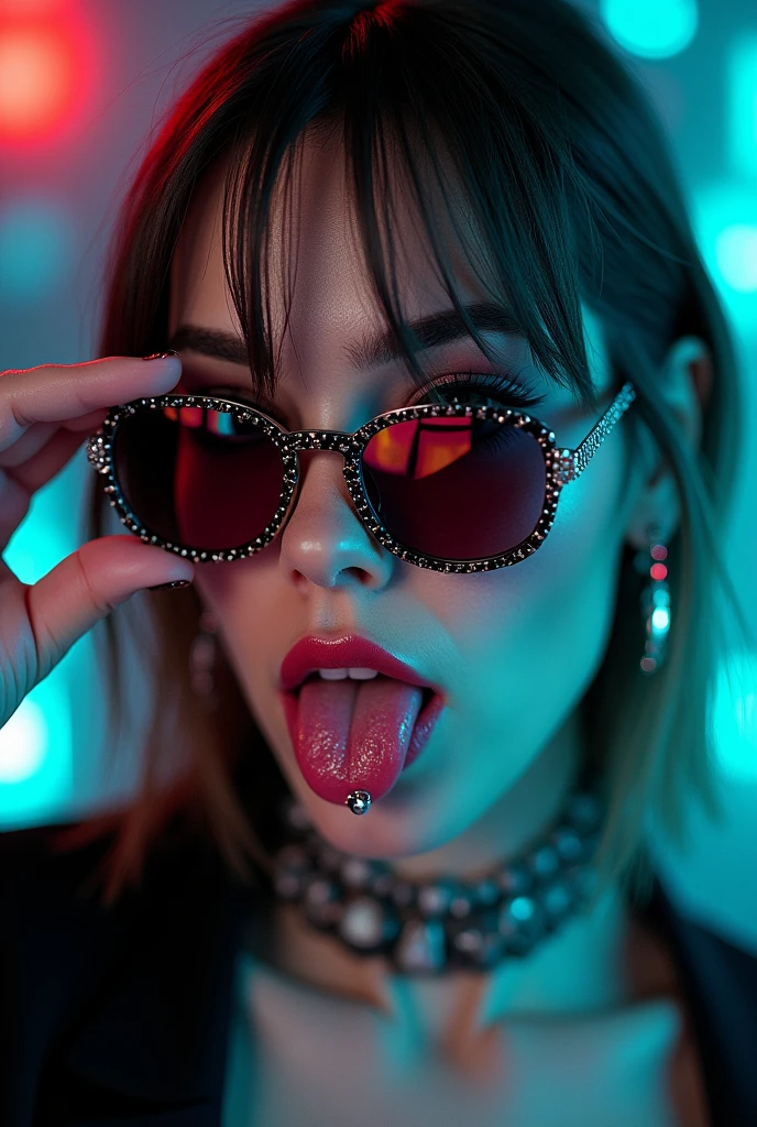 make a A bad bitch with sunglasses but down to the nose like peeking through the sunglasses and her tounge is out with a piercing on it. Her hand is touching the sunglasses made from glitch only