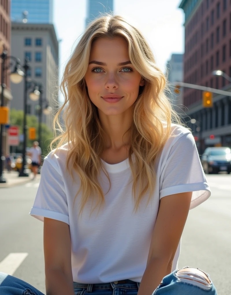 A beautiful blonde woman wearing jeans and a white t-shirt, sitting on the edge of an urban street in New York City, looking at the camera smiling. The image is high resolution, highly detailed, and hyperrealistic, with natural lighting, natural features, bright colors, and soft shadows.