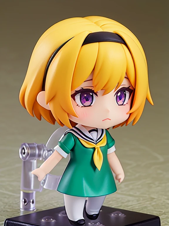 Museum, exhibit, Satoko Hojo
, 1 female, solo, Yellow Hair, blonde, Purple eyes, short hair, hair band, Flat chest, , Green Dress,White sailor collar,Yellow neckerchief,Short sleeve,Puff sleeves,Black Pantyhose,Flat Chest, nendoroid, Chibi Figures,