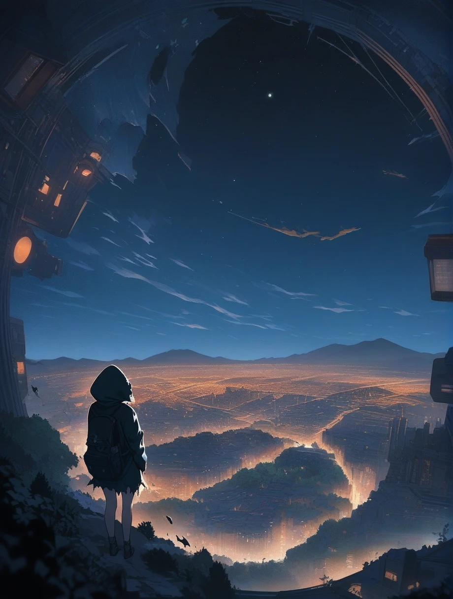 score_9, score_8_superior, score_7_superior, score_anime, masterpiece, Highest quality, Delicate illustrations, Sharp lines, Sharp focus, break, a traveling girl wandering in the endless night world, The girl is wearing a hood、I have a lot of stuff in my backpack, night , Wonderful landscape, Beautiful views, Harmony with Nature, Nice views, Space City, (((Torn clothes))), (((Torn hood)))