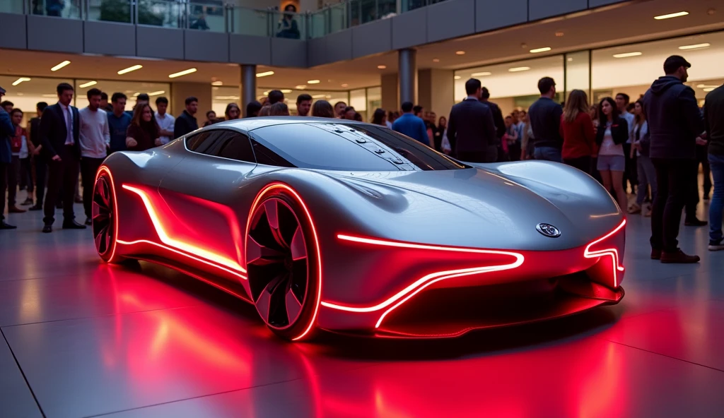 a luxury Toyota Avanza mixed with luxury Tesla, electric car, futuristic full Red strip LED design, in a showroom with a lots people