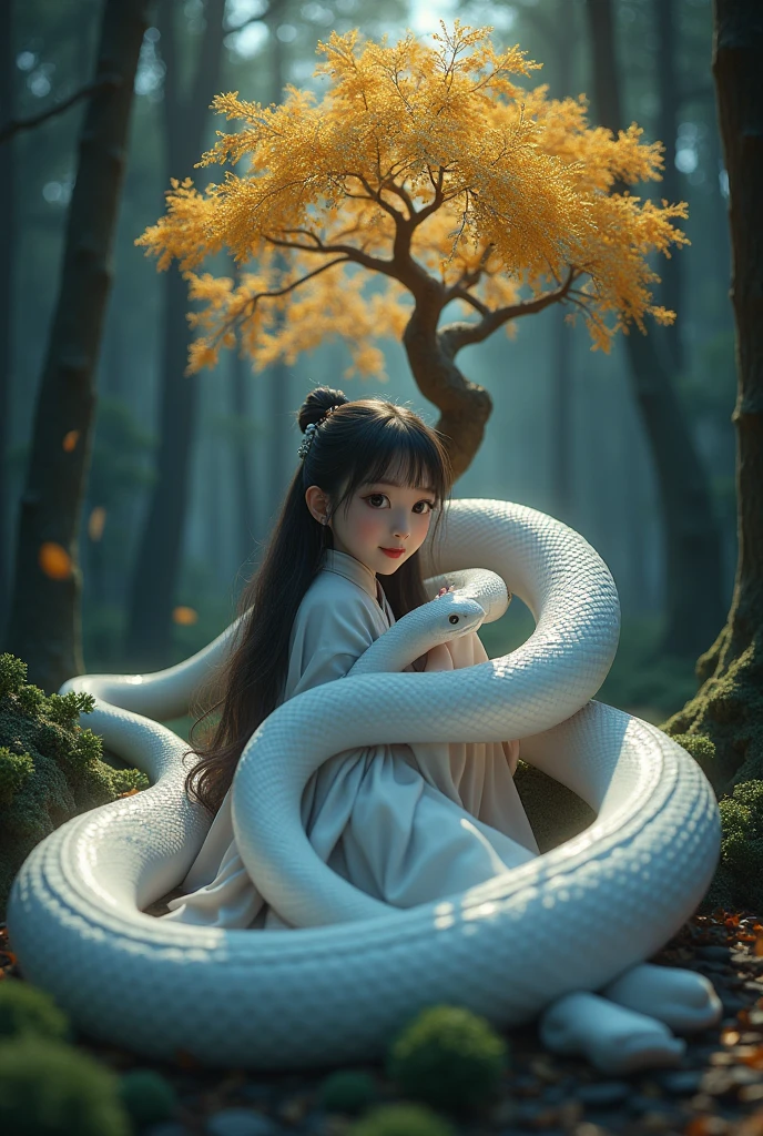 3d render, ray tracing, digital art,a girl laying with snake circling around here hugs white snake, deep forest, a golden tree in back which illuminates the surrounding, chinese girl wearing long robe with dark blue glow eyes, light smile