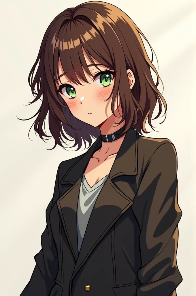 A human who doesn't look girly nor boyly, wavy brown hair till shoulder, green eyes, with straight bangs, stylish fashion, mole on the cheek, thick eyebrows, slim body, anime artstyle