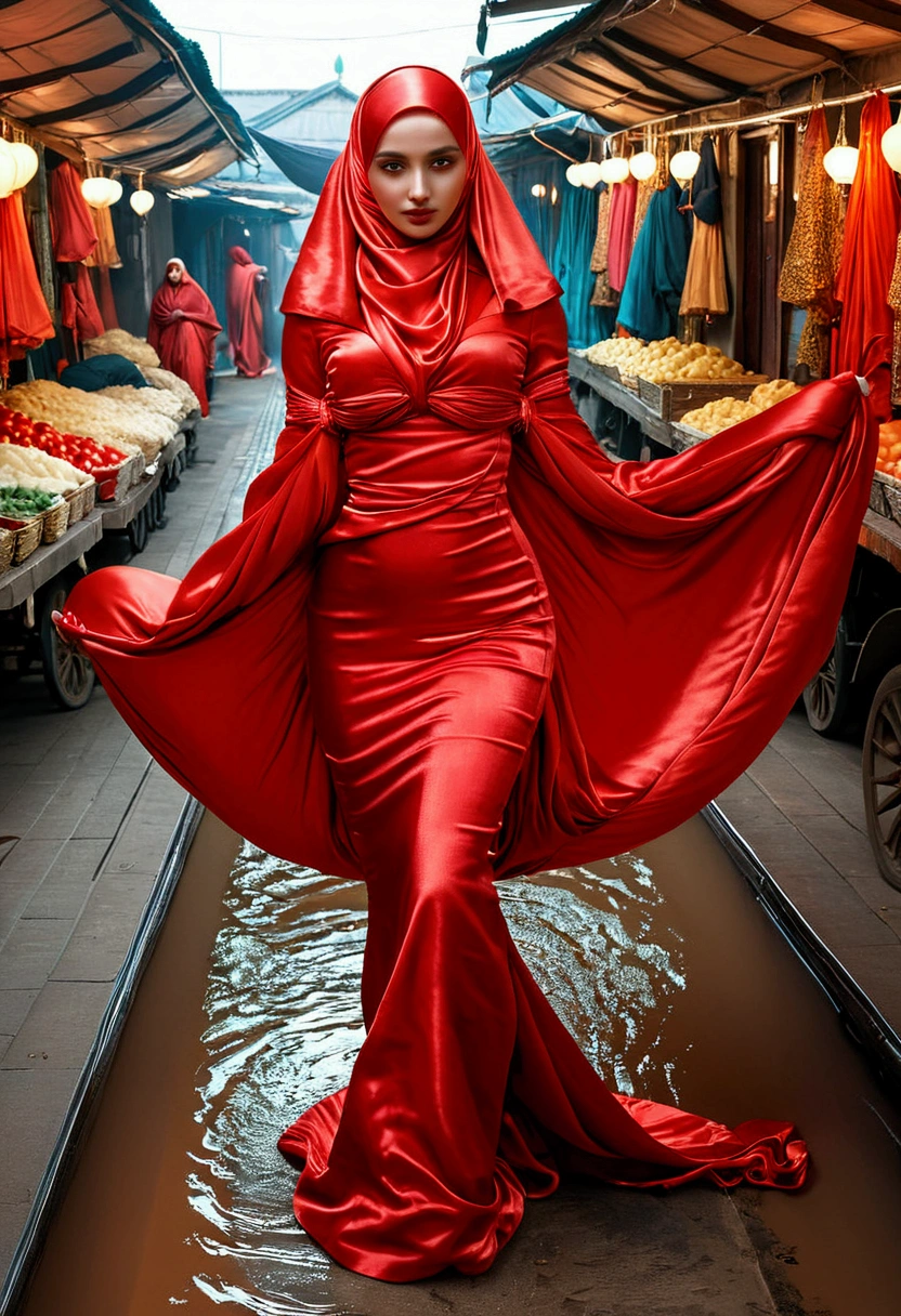 A woman shrouded in a 9-meter-long, plush red satin cloth, tightly bound and grandly draping along the form of her body, flowing off into a pooled floor-length train, styled in a mermaid-inspired outfit with ballon sleeve, her head modestly veiled in a satin hijab, tall woman, walk in wet traditional market, a full-body pose conveying a sense of elegance, captured in a 4k resolution, ultra-realistic