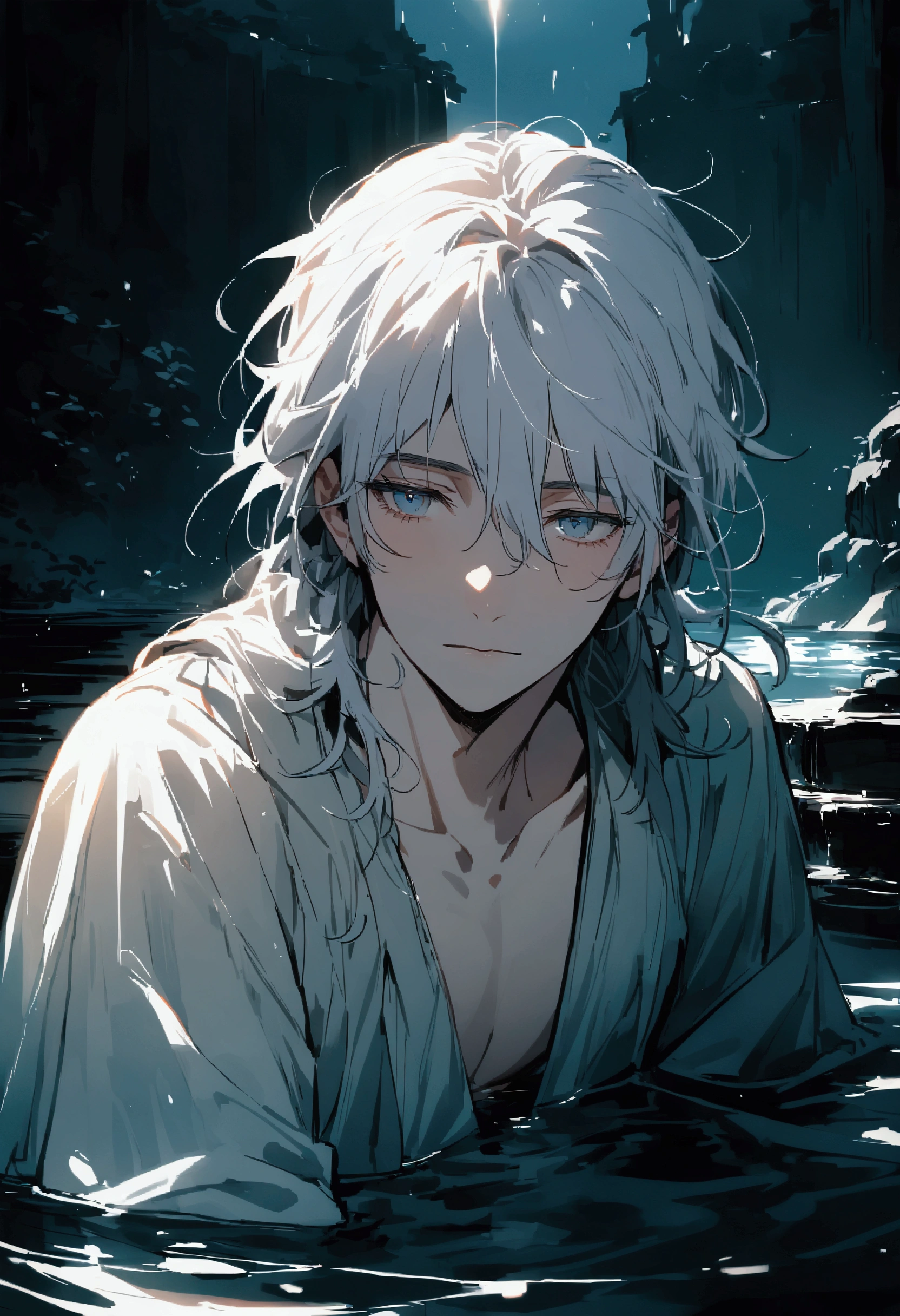 Light blue eyes, like two clear pools of water, met his gaze.
They held a depth of emotion that betrayed the hardships endured by their previous owner. His silver hair, slightly disheveled, framed a face that, though thin and gaunt, still carried a certain handsomeness beneath the weariness. The nightwear draped loosely over his frail frame, emphasizing just how weak this body had become.