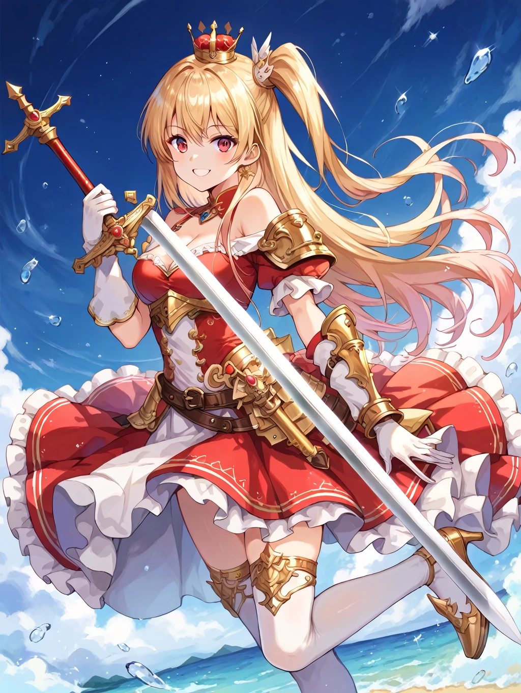 score_9, score_8_up, score_7_up, source_anime,masterpiece, best quality, high resolution, extremely detailed CG, absurdres, 1girl, solo, a girl in armor and a smaill crown holding a large sword, white_armor, golden_decoration, ((red_dress)), off-shoulder, thighhighs, long hair, side_ponytail, blond hair, leg armor, cleavage, small_crown, gloves, armor, white_gloves, high heels, off-shoulder armor, smile, ((ornamental armor)),((large sword))