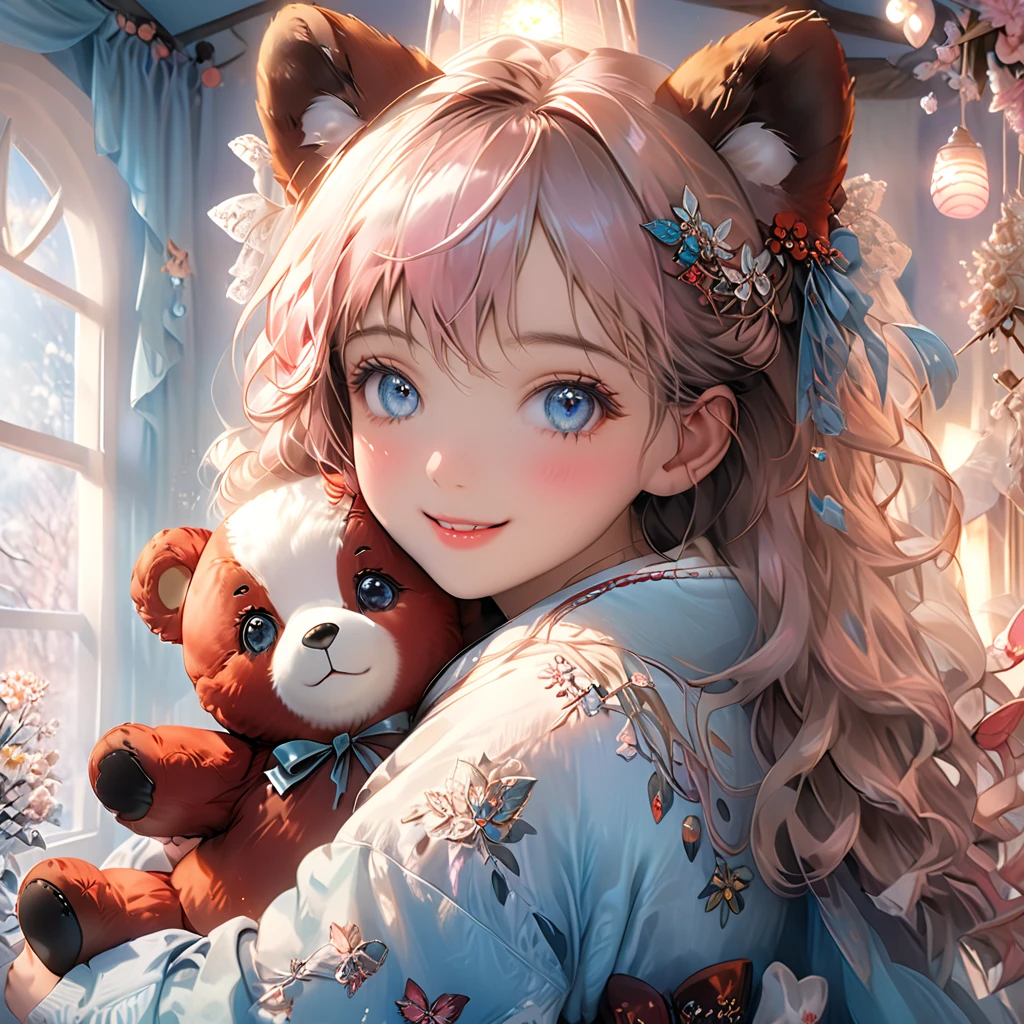 a cute girl,happy smiling face,beautiful detailed eyes,beautiful detailed lips,extremely detailed eyes and face,longeyelashes,hugging a giant teddy bear,cozy warm lighting,soft pastel colors,whimsical fantasy style,highly detailed,realistic,photorealistic,masterpiece,8k,best quality