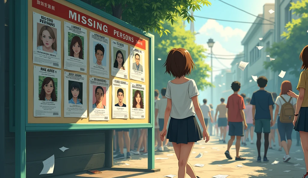 Anime image of a teenage girl with short brown hair wearing a white shirt and black skirt walking past a board full of pictures of many missing persons. The atmosphere is bright but gloomy in the morning, people are gossiping, and papers are flying everywhere.
