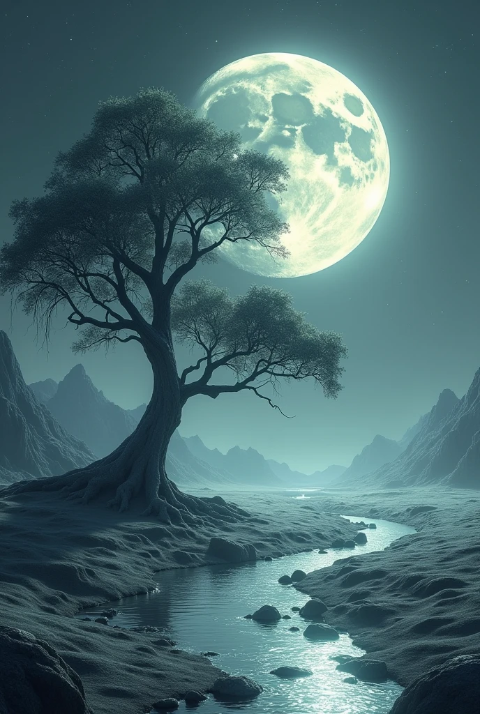 Tree and river on moon