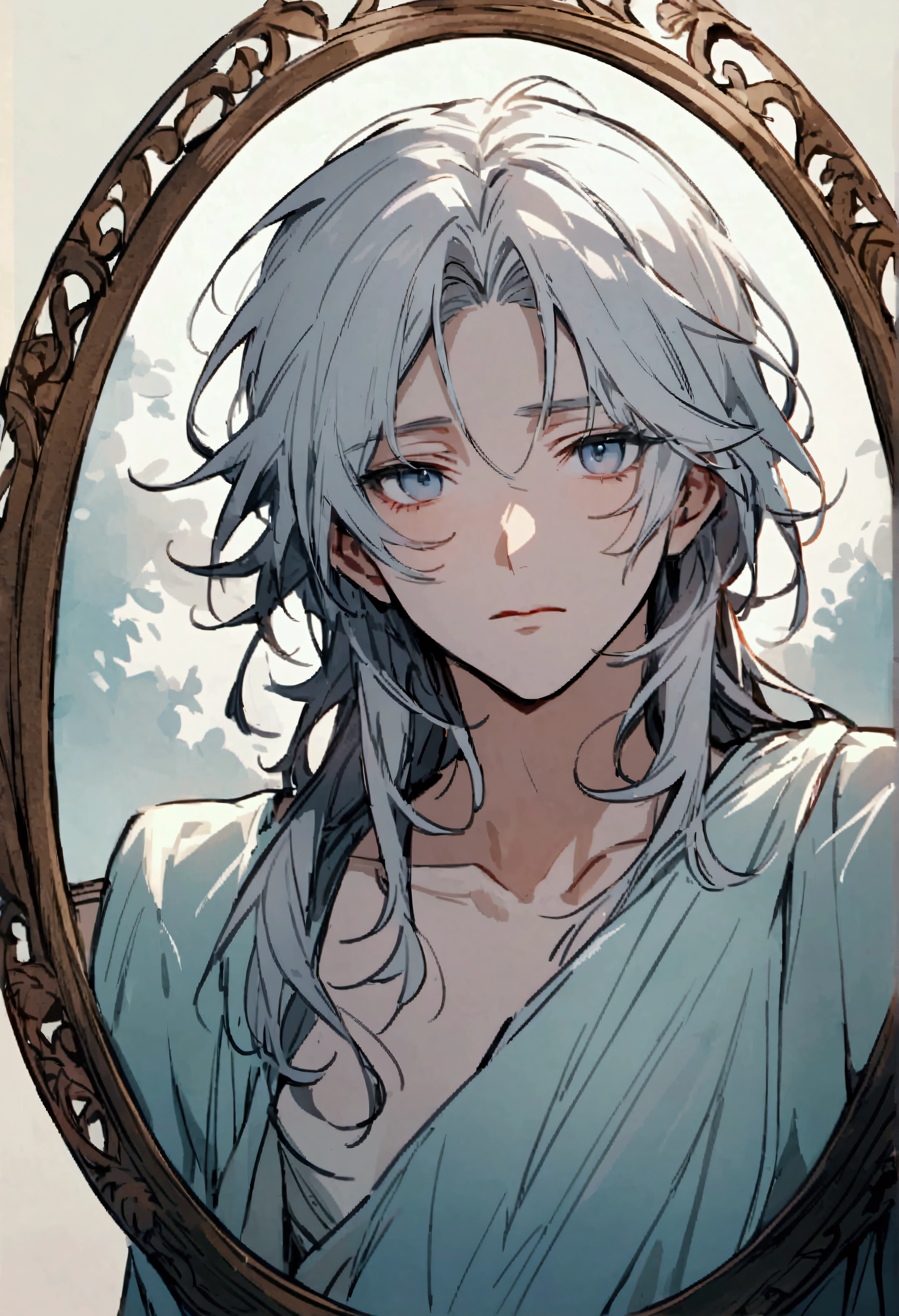 Light blue eyes, like two clear pools of water, met his gaze.
They held a depth of emotion that betrayed the hardships endured by their previous owner. His silver hair, slightly disheveled, framed a face that, though thin and gaunt, still carried a certain handsomeness beneath the weariness. The nightwear draped loosely over his frail frame, emphasizing just how weak this body had become.