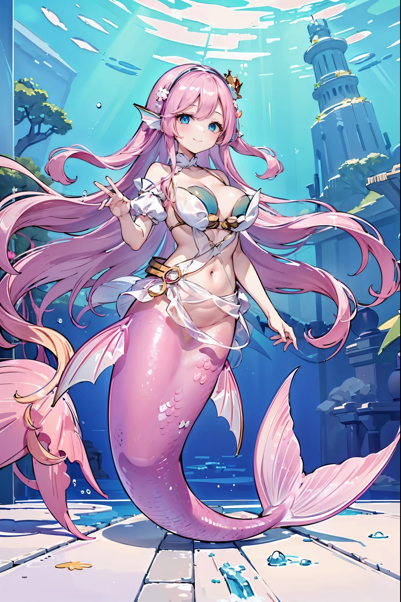 masterpiece, best quality,A girl,Pink Hair,Hair accessories,White Dress,blue eyes,Head fin,独奏,Large Breasts,Mermaid,粉色的Mermaid尾巴,full-body shot,(Underwater:1.2),seabed,Smile,