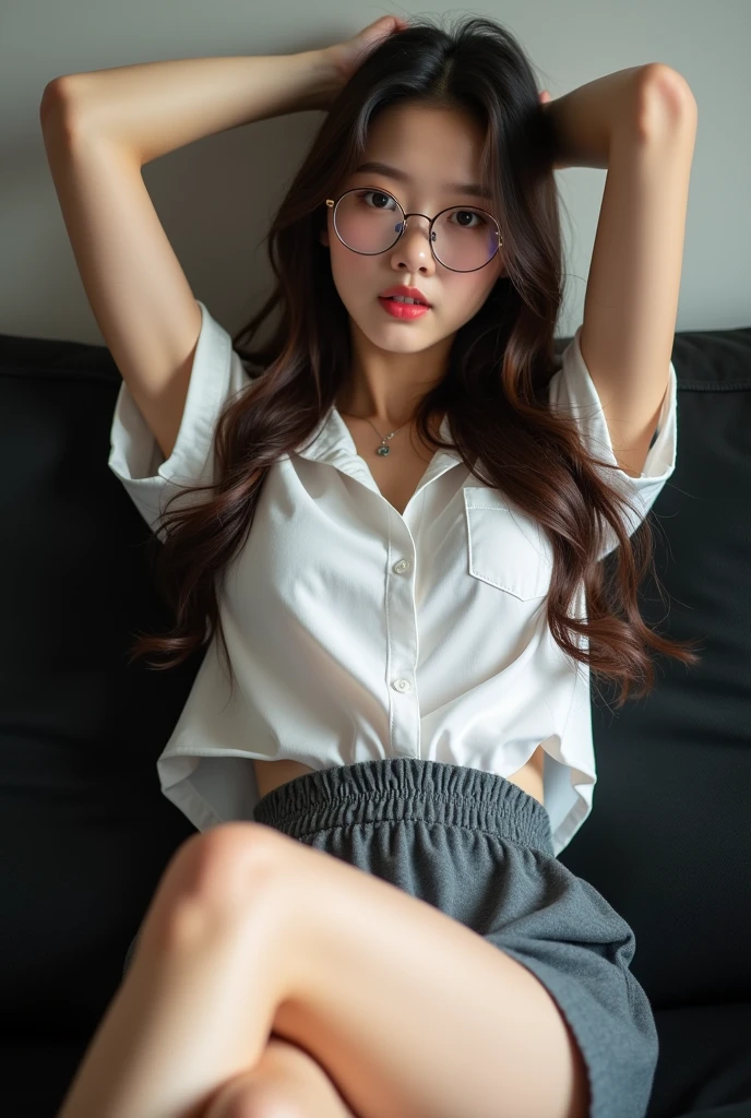 ((best quality, 8k, masterpiece: 1.3)), beautiful korean girl, pure, Melon face, kind and cute, light smile, pure desire, slim body, (front), (tilted head), long brown wavy hair, windy hair, Long flowing shoulders, big round black eyes, Round glasses, Clear, big eyes, moist red lips, sweet, Lying with my legs spread on a comfortable black sofa in a cafe, blurred background, bright lights, dehisce, Pleading Eyes, ((((whole body)))), sexy slim legs, small firm breasts, lift up your skirt, ((Slender muscular body)), (M legs:1.5), ((Lifting the skirt:1.5)), Wearing a white short-sleeved shirt, (open shirt:1.3), Gray Braided Mini Skirt, White panties under skirt, tilted head, (holding a weapon, Arms over head), Focus on her legs