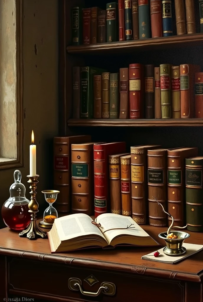 Create another painting in the Spitzweg look with books without people on them 