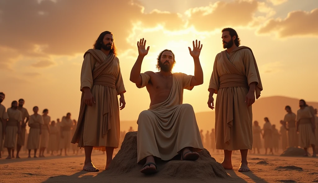 (photorealism:2.1), behind view, from behind, third person from behind, When Moses&#39; hands were already heavy, They put a stone under him and he sat on it.. And Aaron and Hur stood on either side to hold his hands.. So his hands were raised until the sun set., behind view. 