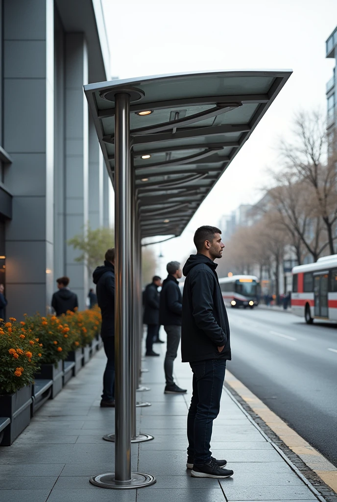 Show me a bus stop that only allows you to wait standing with bars to support yourself 