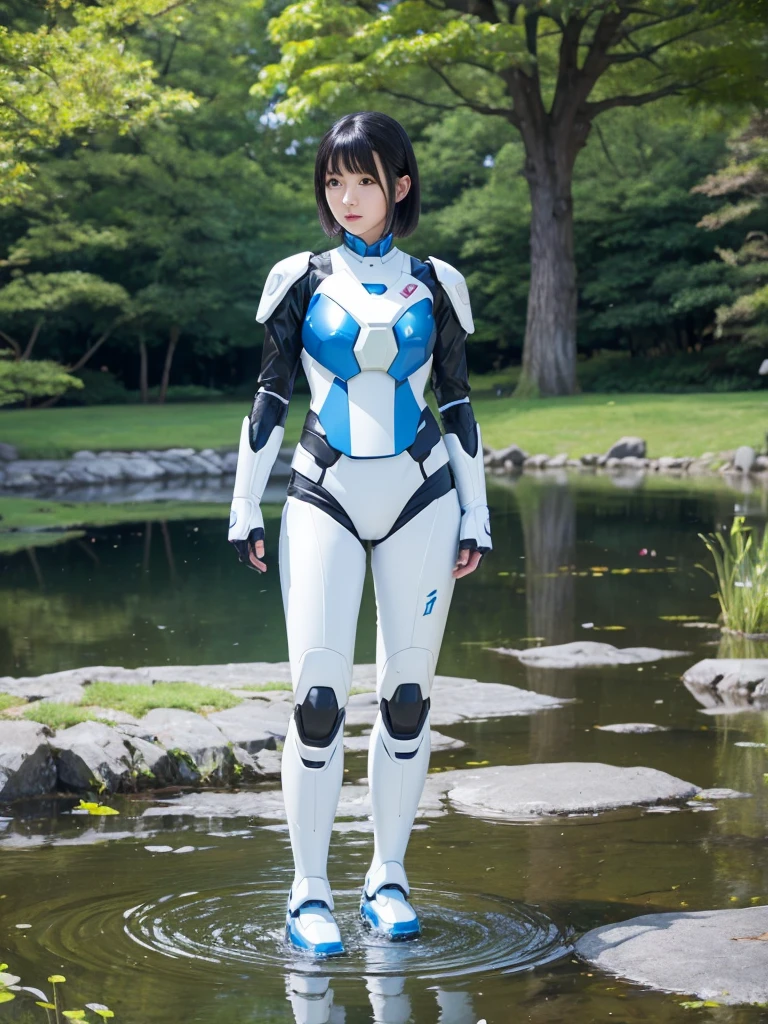 Japanese female android,Black Hair,White and blue robot suit,Plump,Standing in front of a pond in the park,