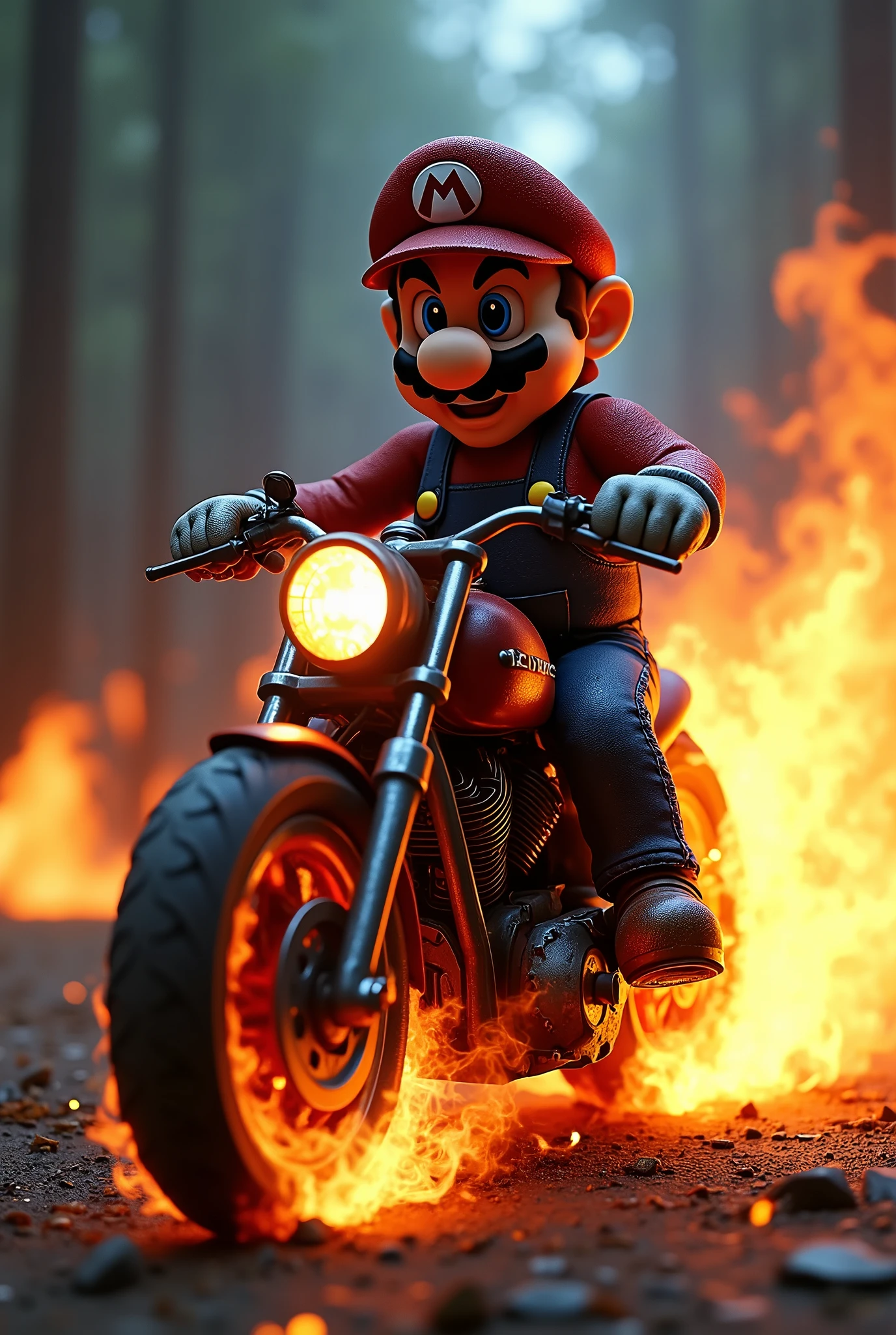 Dark风格马里奥,Ghost Rider Mario,Mario on a motorcycle,flame,Dark