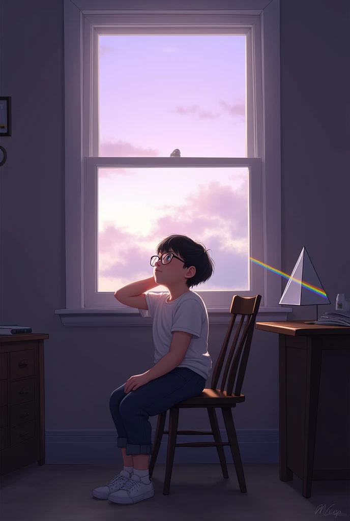 A boy sitting on a chair beside window, there is e desk and a table beside the window,, A prism is on the table. It is the last moment of today's Afternoon, there is cloudy purple sky. the light of the sun goes through the prism and goes out with rainbow colour,
The boy wearing a glass, Sunlight reflects his glass. he is seeing outside the window,