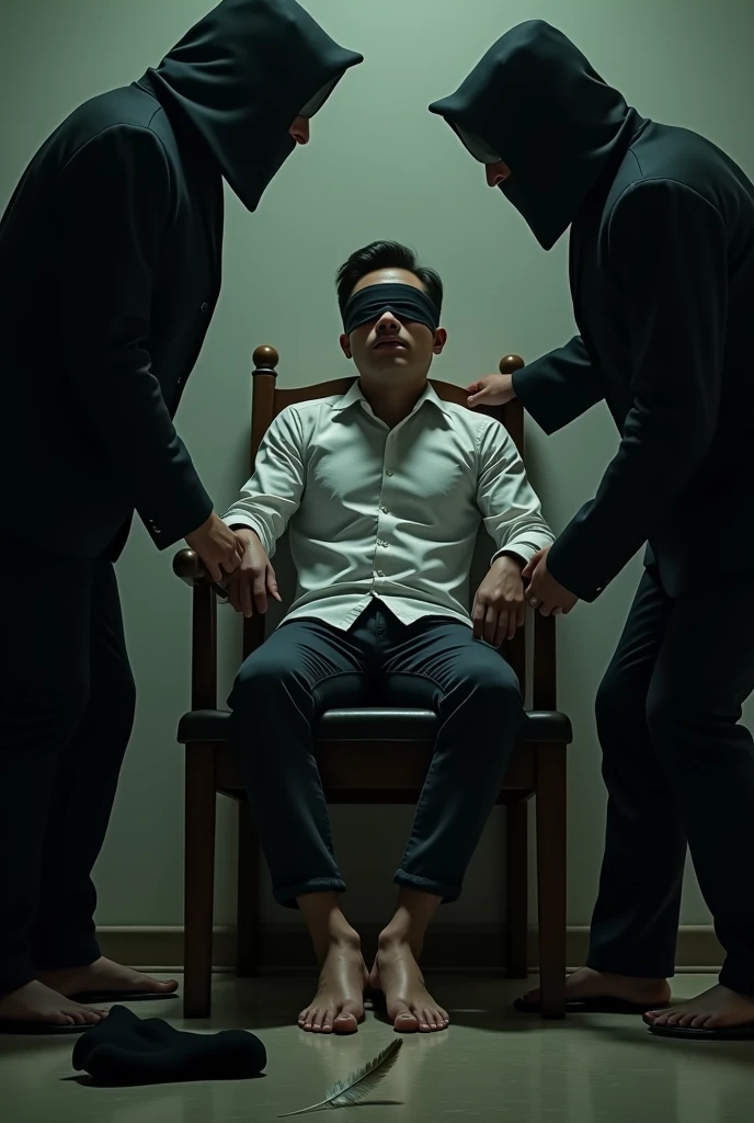 Handsome malay Zarul 20years flight attendent
1 man Rub his feet
He laugh
Focus 5toefeet
Shoeless
Hand Handcuff wooden chair
blindfolded
feather on floor
Pair of Blacksock shoes on floor
2 mafia pinch their nose
Smelly feet