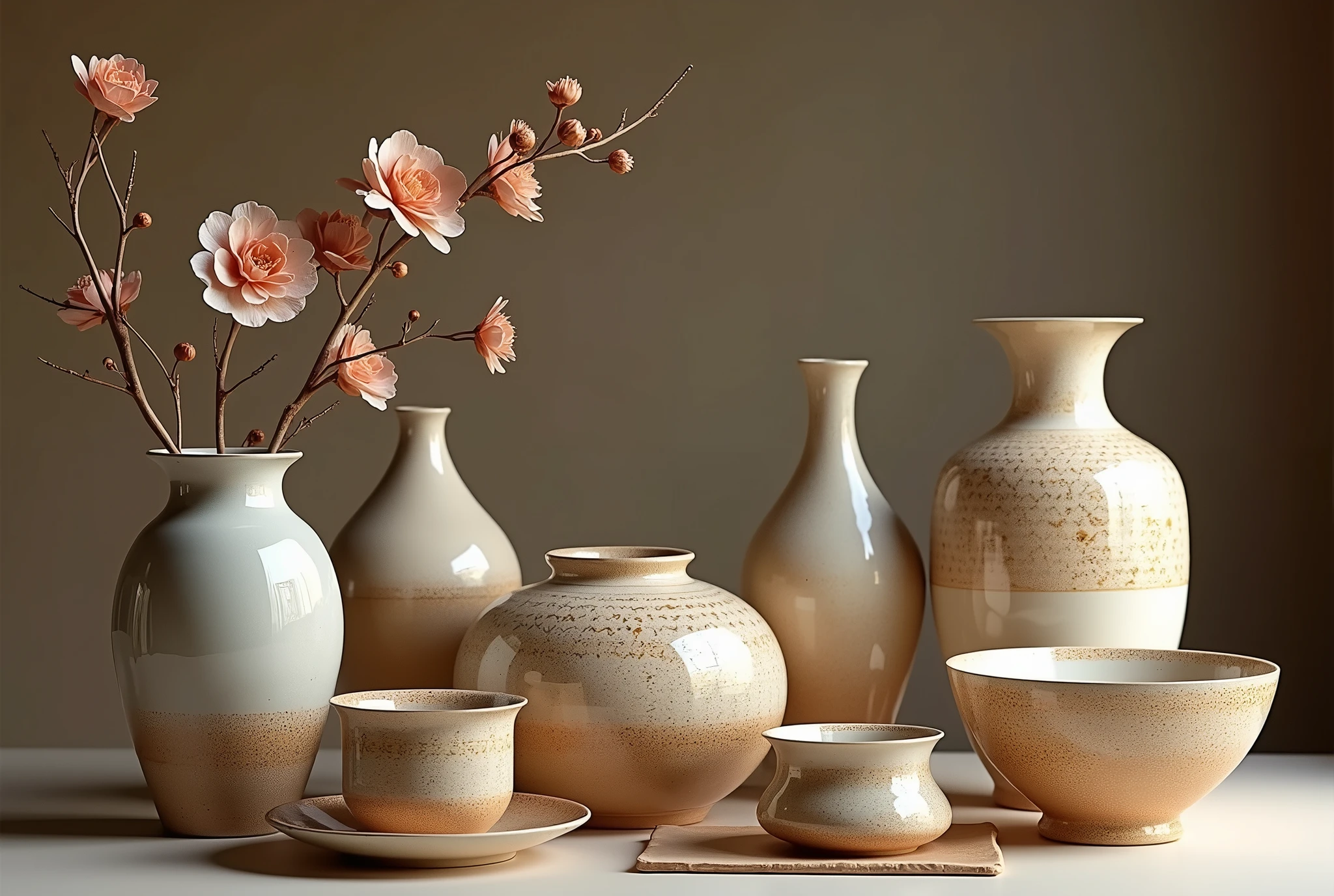 a beautifully detailed ceramic vase, high quality ceramic dishes, intricate ceramic patterns, elegant ceramic teacup, textured ceramic pottery, glossy ceramic glaze, finely crafted ceramic bowl, delicate ceramic flowers, expertly sculpted ceramic figurines, (best quality,4k,8k,highres,masterpiece:1.2),ultra-detailed,(realistic,photorealistic,photo-realistic:1.37),ceramic art,ceramic studio,ceramic workshop,fine ceramic craftsmanship,ceramic artworks,ceramic still life,warm color palette,dramatic lighting,studio lighting