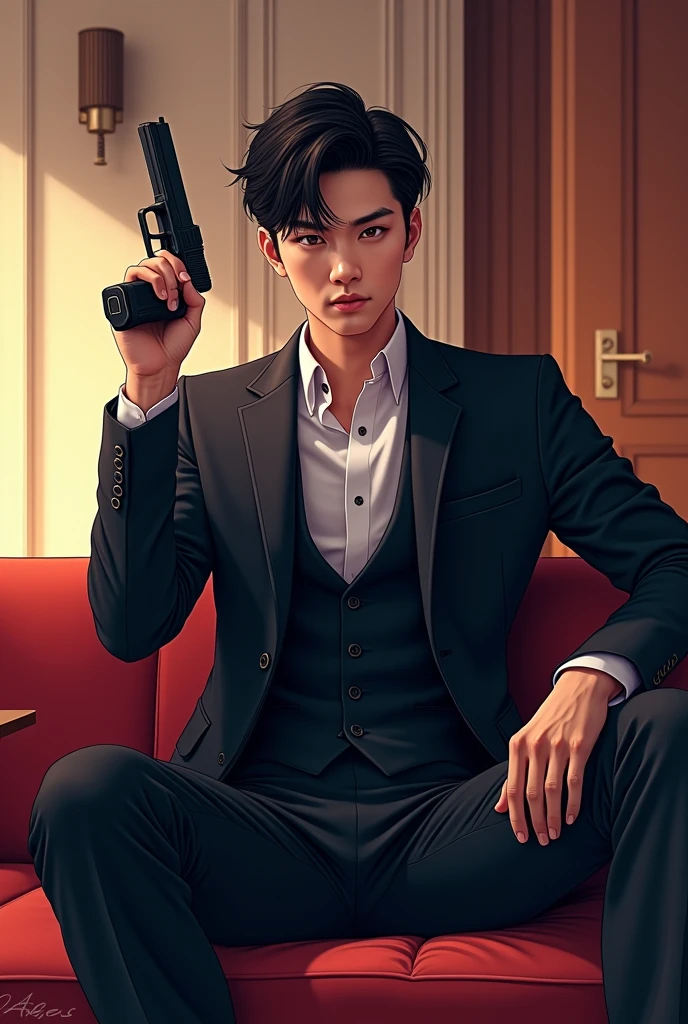 Sexy white korean animated man with a gun in his hand sittting in the chair with pose and wearning black suit in his beautiful house
