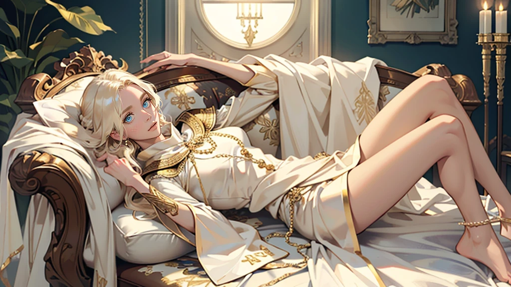 masterpiece, ultra detailed, 8K Portrait, Raw photo, a portrait photo of, Highly detailed face, beautiful and meticulous eyes, ((Fantasy)), beautiful woman, (((expressionless))), (((Mature look))), (((goddess))), tall, extra long blond messy hair, gentle face, (((skin as white as pearl))), (((golden silk long cloak))) Fluttering in the wind, (((golden staff))), bare foot, Midday Sun, Hyper realistic, Body model, medium breasts, Beautiful breasts, Long legs, in heaven, lie down on the couch, Ambient lighting, Shadow details, Camera focus on face, strong breeze, Light fog