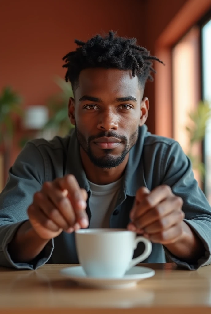 (1boy) Young black man, shaved black hair, looking like taylor Launer, beard close to his face well done, light brown red eyes. Youtuber sitting in front of the camera looking shooting videos for his YouTube channel, tidy room, with terror poles on the walls, hands with super details 5 fingers on each hand. On your table a hot coffee