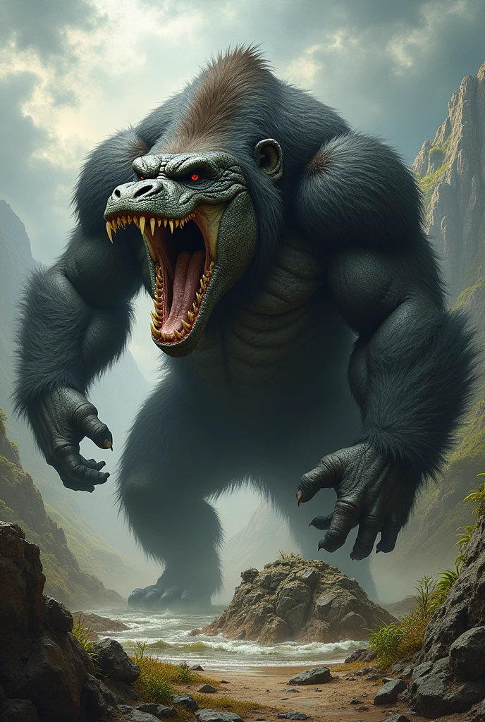 Angry Gorilla and crocodile unite the two into one angry image 


