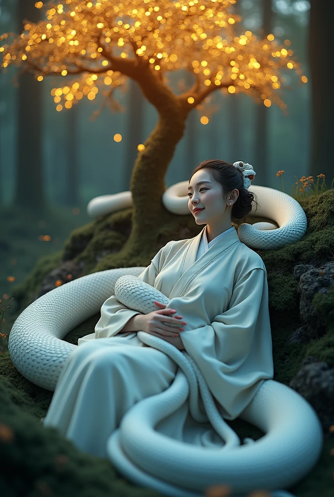 3d render, ray tracing, digital art,1women, laying with snake circling around here hugs white snake, deep forest, a golden tree in back which illuminates the surrounding, chinese girl wearing long robe with dark blue glow eyes, light smile