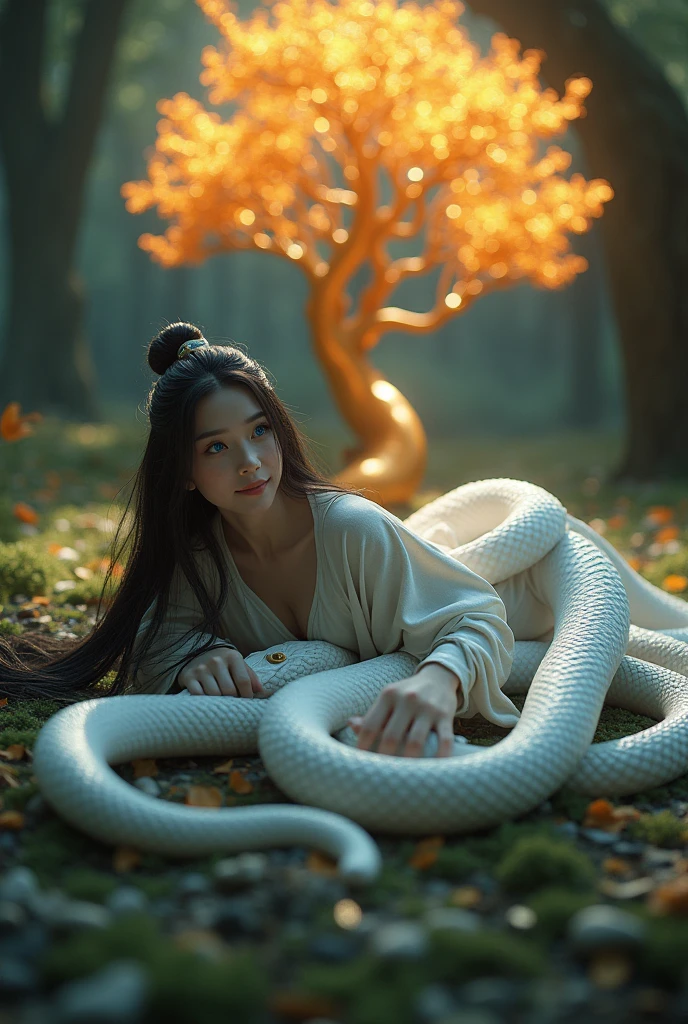 3d render, ray tracing, digital art,1women, laying with snake circling around here hugs white snake, deep forest, a golden tree in back which illuminates the surrounding, chinese girl wearing long robe with dark blue glow eyes, light smile