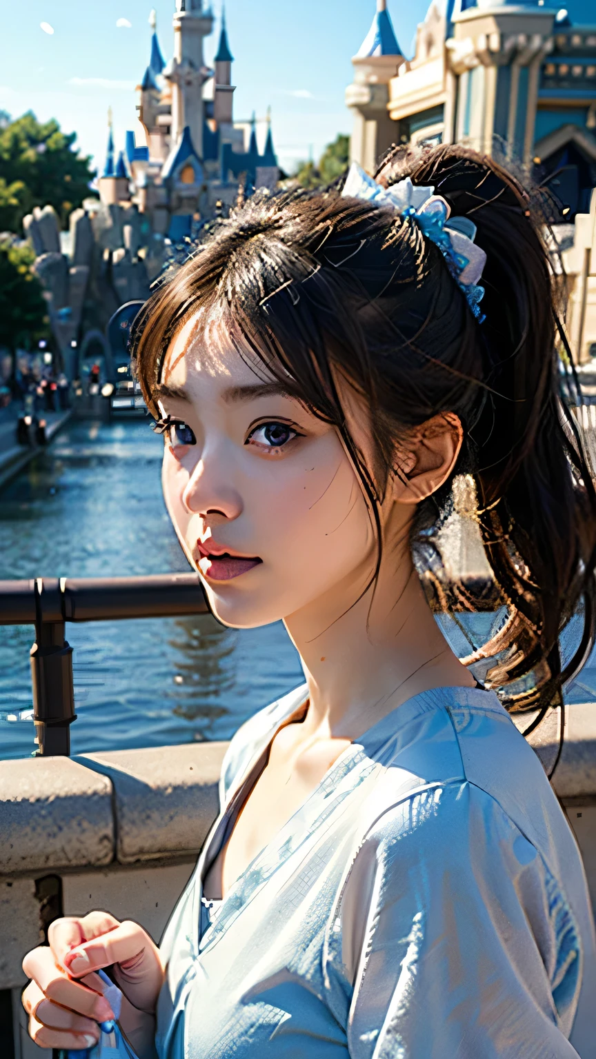 highest quality, masterpiece, ultra high resolution, (realistic:1.4), (close portrait) Raw photo, 1 girl, high school girl, masterpiece, realistic pictures, japanese pictures, fuji negative film, saturation, contrast, Pocari Sweat Advertisement ((Medium chest)),Ponytail and scrunchie,((disneyland in winter)),((Cinderella's Castle)),