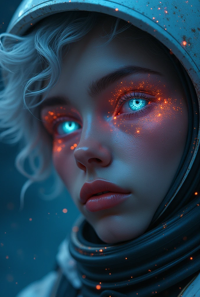 (Close-up of a better masterpiece:1.5)0.9], (Space and astronauts:1.2) (Messy silver hair:1.1) (Heterochromia xanthochromia and blue eyes:1.2) (Space Helmet:1.0) (Colored stars in the eyes:1.0) (A radiant glow:1.1) (thick lips:0.9)