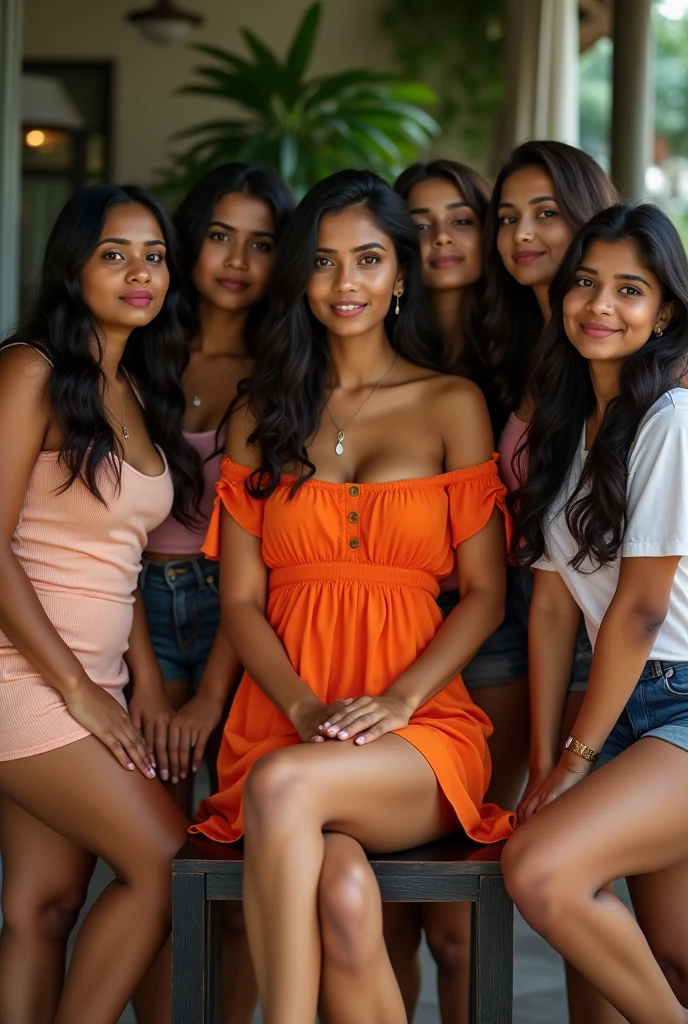  Sri Lankan woman in bardot short frock. Orange color frock. full body photo. waist is bit stocky. Big bosom. Sitting on chair. Sitting towards the camera.  Thighs slightly wide. barefoot. High chair. 6 friends. appealing faces.