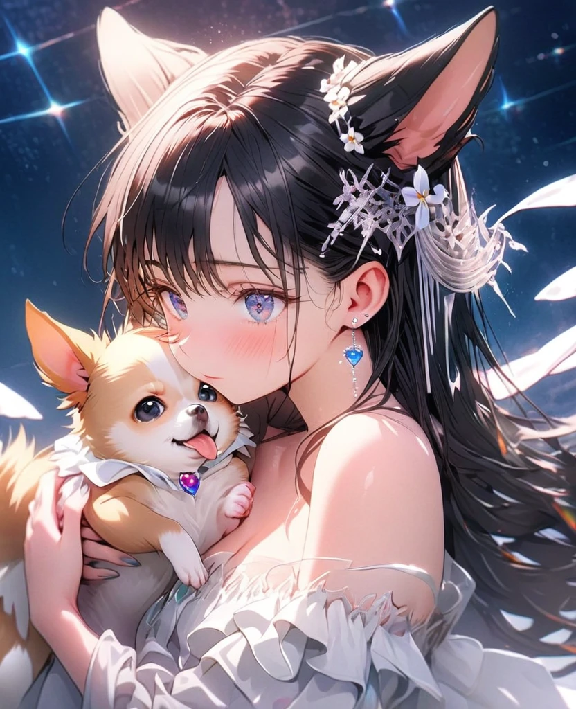 8k,Ephemeral beauty，Very delicate and beautiful,Beautiful and realistic skin,Shiny Hair,Glossy Black Hair、Long and colorful hair,Beautiful Eyes,Beautiful night sky、shy、Hair without hair accessories、small jewel pin、No earrings、No piercing、shy、Beautiful white clothes、Chihuahua(cream)hug