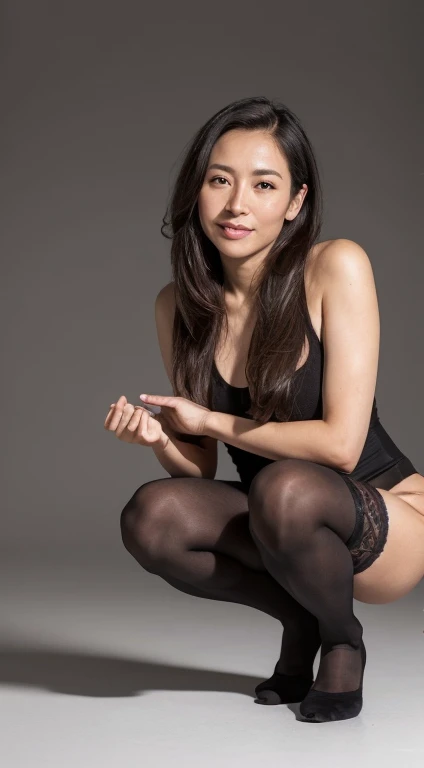 High resolution, attention to detail, masterpiece, rough skin, anatomically correct real human being, high resolution, sharp, gray background, （((Beautiful Japanese 3 middle-aged woman))）, Alone, ((Face wrinkles)), (Realistic, Realistic:1.37),(((Woman with legs spread 120 degrees, squatting position with hands behind head))),((She looks at me with a gentle smile) ),Front shot,Full body shot from below,((Her hairstyle is short and permanent.)),((She has a hairy constitution and has a lot of pubic hair.)),((Her body is in close contact with her bare skin. She wears super-thin brown full-body tights, and you can see her pubic area and hair through the tights.)),(((The pubic area is swollen, and the pubic hair and chamomile are visible under the body tights.) What's hidden in her tights can be seen through her tights (.))) Her thin tights dig into her pussy (0.3) and her clearly defined labia (0.3) are clearly visible), so she has a hairy constitution. There is a lot of armpit hair and pubic hair.)), Close-up shot of the whole body, wide shot of the whole body, smooth curves, the location is a bright basement, the background is a gray space