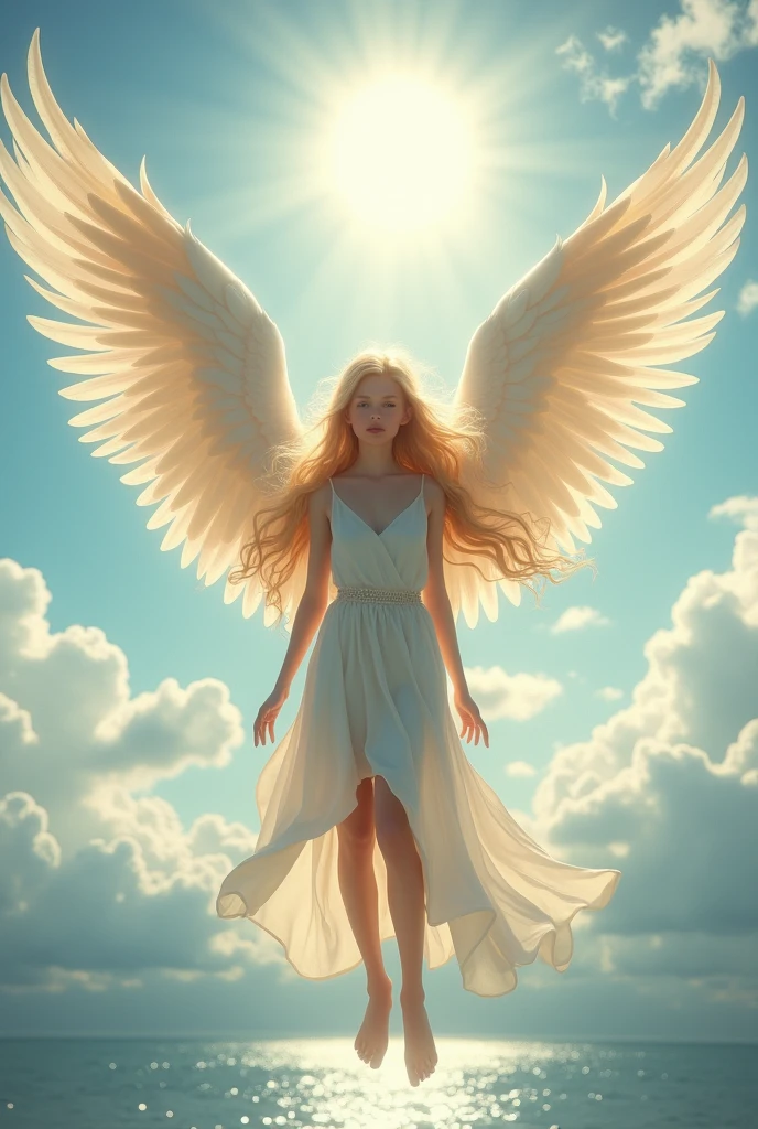 Angel Girl、Blonde、Long Hair、A pair of bird wings on the back、Airborne、White Kantou、Halation、Front view、Sky background、Asahi、Ocean、
