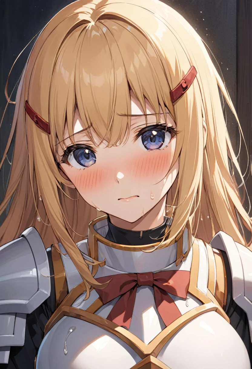 masterpiece, Highest quality, High resolution,(Darkness), 1990s\(style\),(D-cup beautiful breasts),armor、A red hair clip in her hair,Sweating all over the body,Hosomi、blush、Shy、View from the front,(Anime-style painting style),Blonde、long hair、Composition focusing on the upper body,(独奏),The background is outdoors