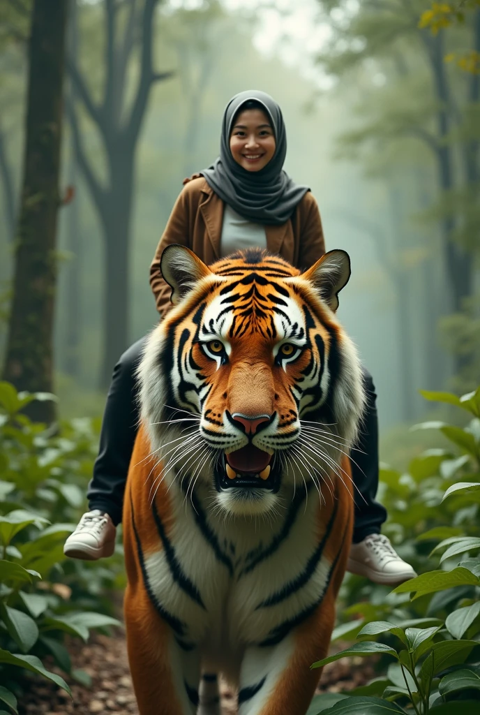 1 beautiful Korean adult hijab woman,berjilbab,senyum.wear a t-shirt,jaket fashion hijab.dan celana panjang.white shoes. riding a giant tiger in the jungle, very big tiger, tampak depan, facial details.