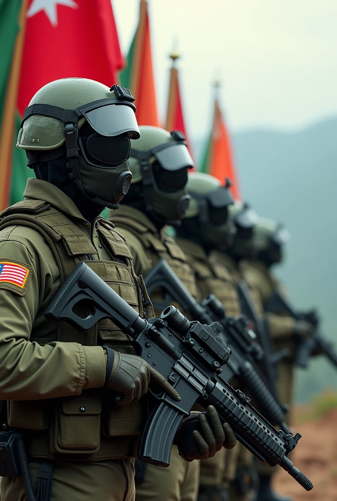 Myanmar People Defence Force with modern equipment,contain National Unity Government flag