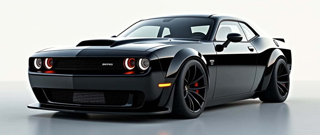 A car with black color type sedan with dodge degine with sport kit with DRL with sport hood bounat  wind shield less than degree 40 ° with the circular front light 