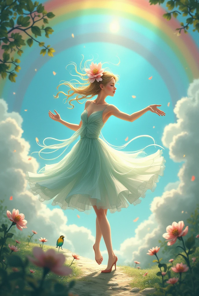 A whimsical dancer gracefully poised in mid-movement, her entire body is made of pure air. Her head pure wind in a shape of flower. The background is a lush, enchanted sky island with a clouds and rainbow, soft sunlight filtering through the canopy, and a carpet of clear and calm cloud with rainbow parrot underfoot. The scene is serene yet full of life, capturing the magic of enchanted sky."
