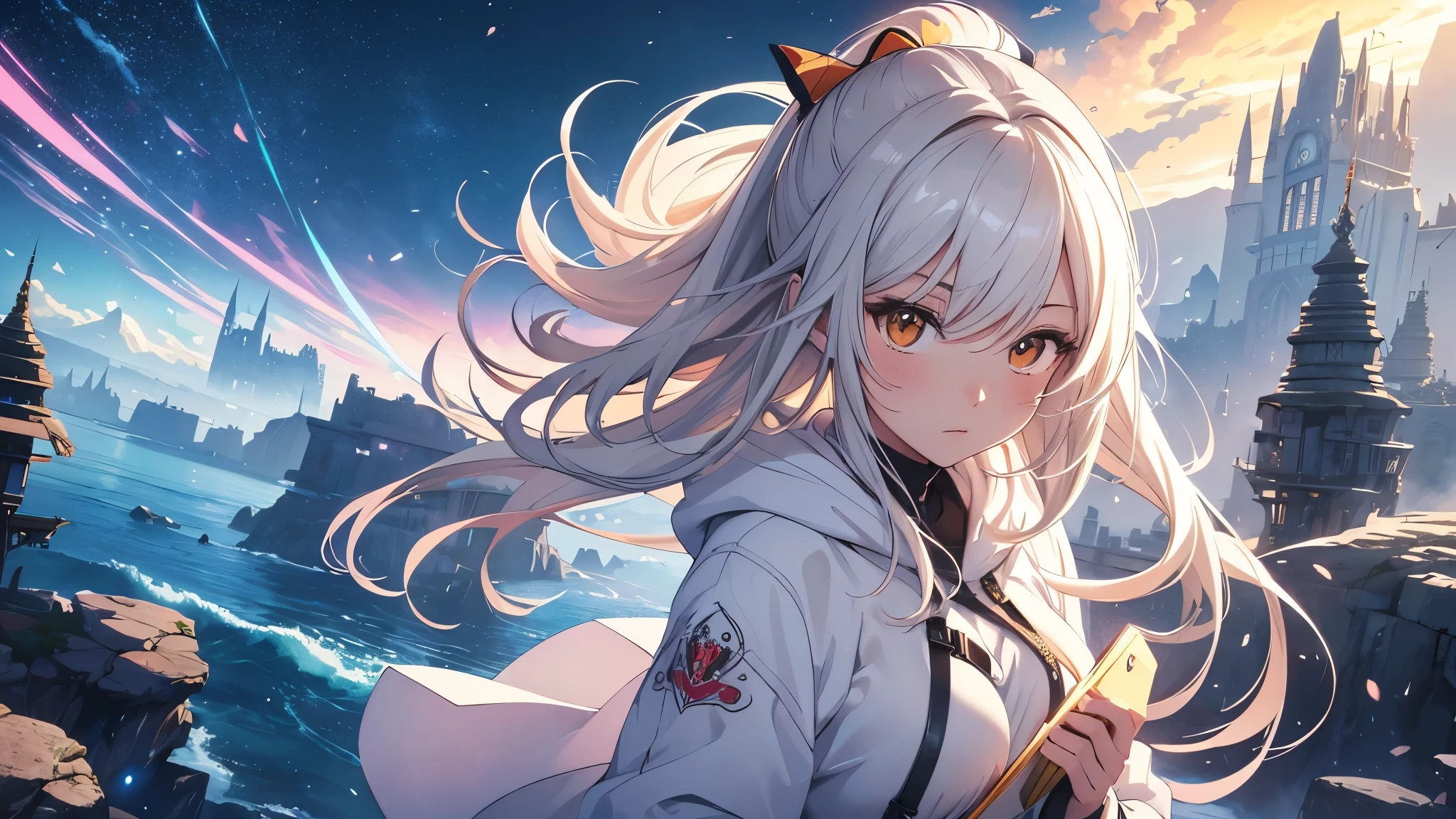 Highest quality, masterpiece, High resolution, 8k, Hoodies and anime style girls, One Girl, Detailed line drawing, Bright White and Bright Amber Styles, Digital Enhancement, close, Anime Core, Flowing fabric