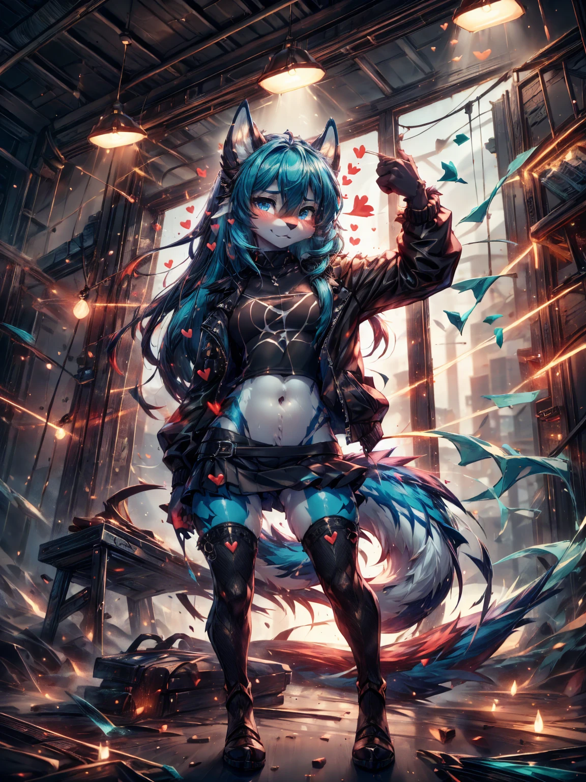 ((beautiful and detailed))) teenage girl 18 years, (((18 years))) high definition 1:1(((female))) ((the second)) elongated fox snout, Debt, (((blue body)))Ross Tran, by ruan jia, by zaush, por Foxovh, cinematic lighting, seductive, Debt, Vista de whole body,((whole body)) messy hair, ((red&For the blue)), (turquoise tail), detailed blue eyes, submissive pose, view from below, side view,(heart-shaped pupils) ((horny and shy)) detailed, (8k the best quality, masterpiece ) Posing, Very good, beautiful, smalldetailed, shy and seductive posture arching back down so that we can see her, absurd resolution, casual black clothes, (black navel blouse, black jacket, black miniskirt, panties, long socks) Rock style, tight thigh high stockings, body jump 