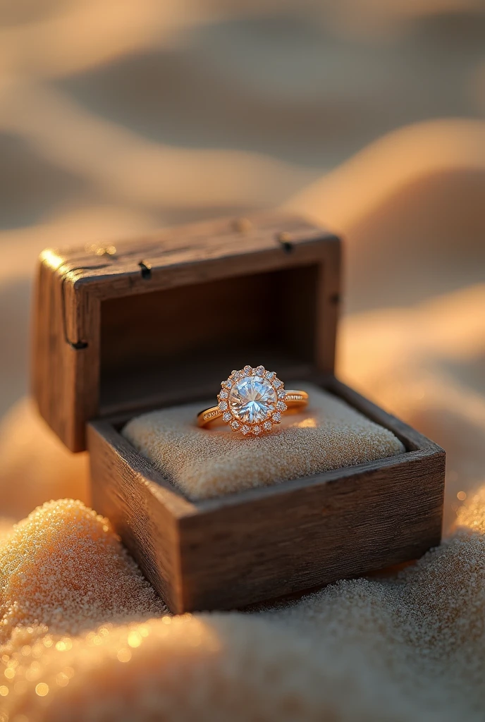 An engagement ring inspired by a sea sunrise, in a wooden box on the sand