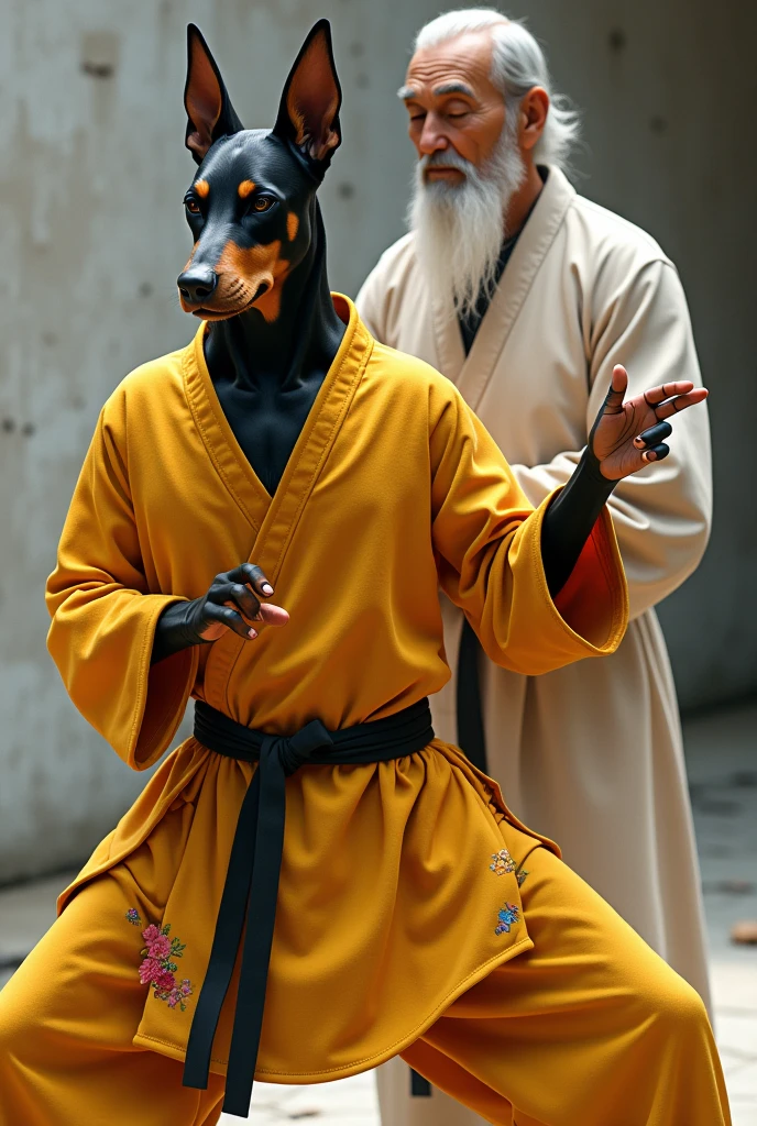 A anthropomorphic Doberman. Wearing a Yellow martial arts outfit. Doing a kung-fu pose. With an elderly man.