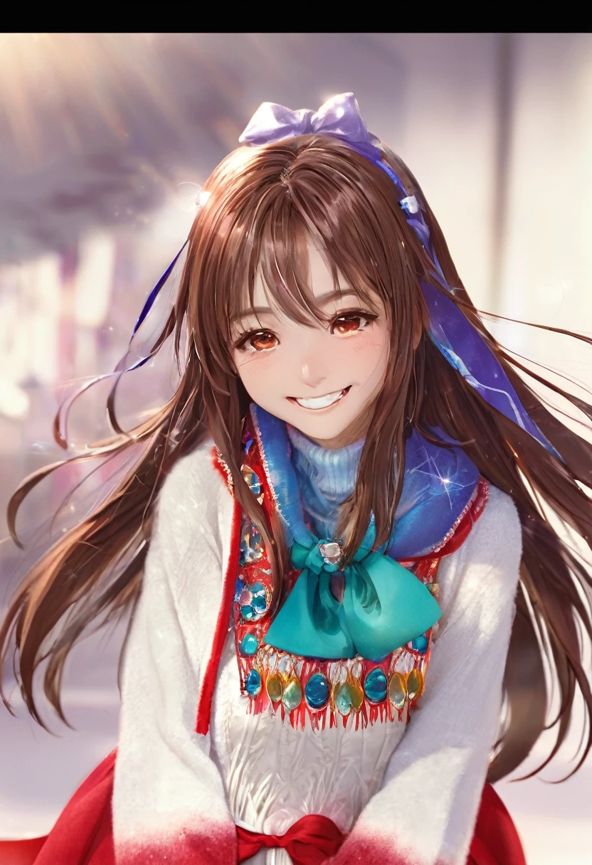High Resolution, Long Hair, Brown Hair, Hair Ornament, Ribbon, Red Eyes, Jewelry, Teeth, Fang, Hood, Lens Flare, Masterpiece, Accurate, Anatomically Correct, Best Quality, Smile, Light Smile, Blurry Foreground, Wide Shot, Tachi-e, Sparkle, Cinematography,
