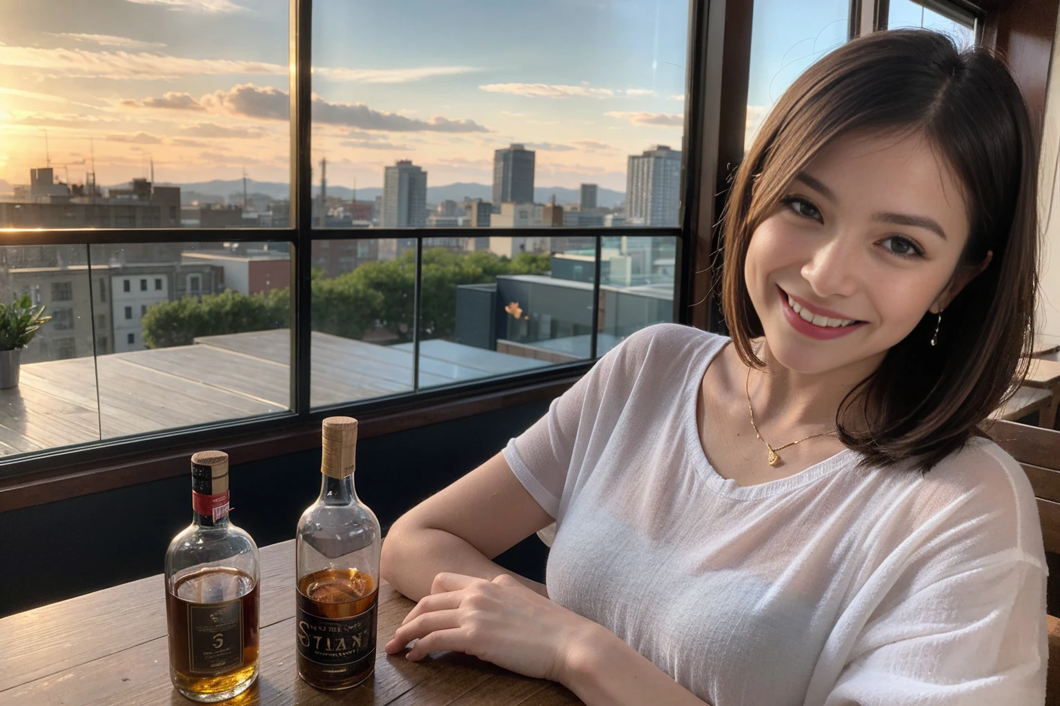((Highest quality、8k、masterpiece:1.3))、Whiskey bottles、The Macallan、Joni Black、Old Parr、whiskey、Suntory、Nikka、Slim Couple、modelカップル、(Realistic, Intricate details:1.2), full-course dinner、Whiskey bottle and glass on the table、Single Malt、scotch、Rocks glass、Shot Glass、Malt whiskey、、Scotland、Amazing view of the sunset sky and clouds、A bright smile、The wonderfulness of smile、 Beautiful Face, blue eyes, The light shines on your face, blush, short hair,Bright Face、 (Age 37), 3,Two beauties、Brown Hair、Shortcuts、Short sleeve shirt、dress、Beautiful woman 1, (Slim face), (The body is スリム), (Brown Hair), (Shortcuts), cheeks turn a little red,Attractive beauty、restaurant, In a prominent place (From the waist up) Nova Frog Style, actress, model, (smile: 1.15), Beautiful fine grain, Depth f/2,saturation, High Contrast, Strong light and shadow,Moist Body:1.5、3D texture、Delicate eyes、Brown Hair、The hair is very shiny、